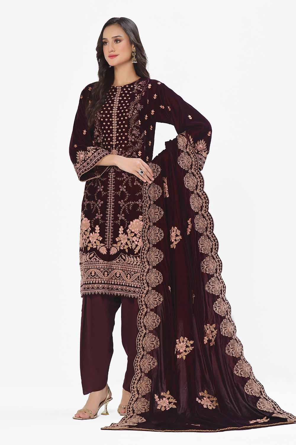 Gul Ahmed | Winter Collection 24 | Velvet Dupatta WV-42006 - Official Gul Ahmed stockist in UK - Sakeena London