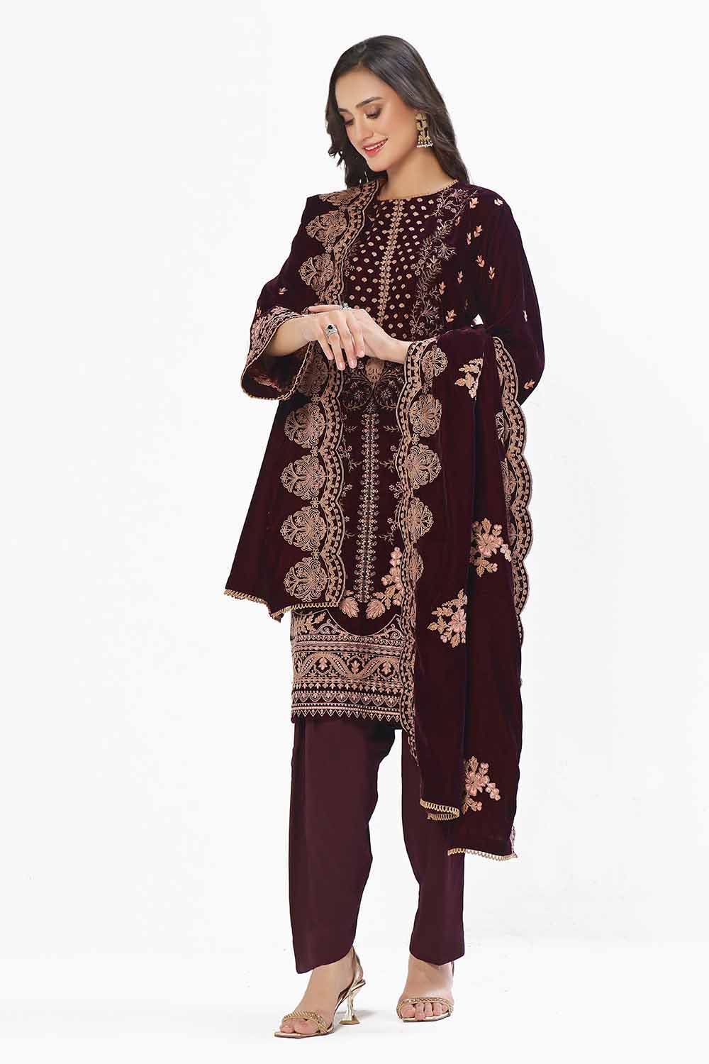 Gul Ahmed | Winter Collection 24 | Velvet Dupatta WV-42006 - Official Gul Ahmed stockist in UK - Sakeena London